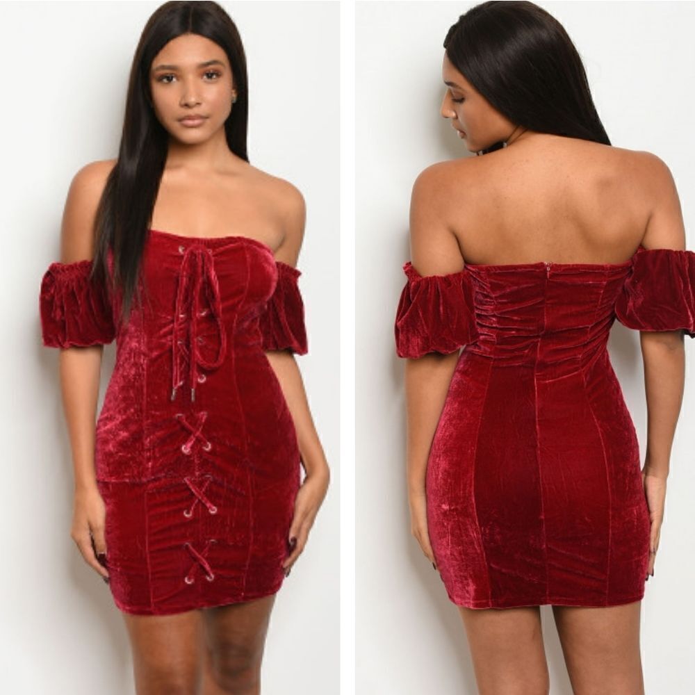 Crushed Velvet Lace Up Off Shoulder Cocktail Dress